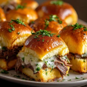 Delicious French Dip Sliders with au jus dipping sauce