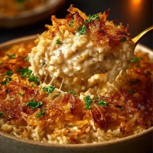 French Onion Chicken Rice Bake topped with melted cheese and herbs