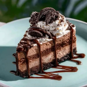 Delicious frozen mud pie topped with chocolate and nuts