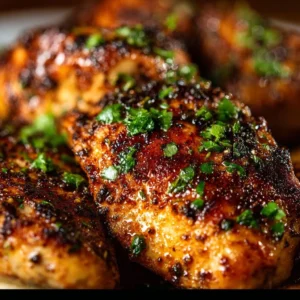 Chicken glazed with garlic and brown sugar, served on a plate.