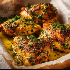 Delicious garlic butter baked chicken breast served with herbs and sides