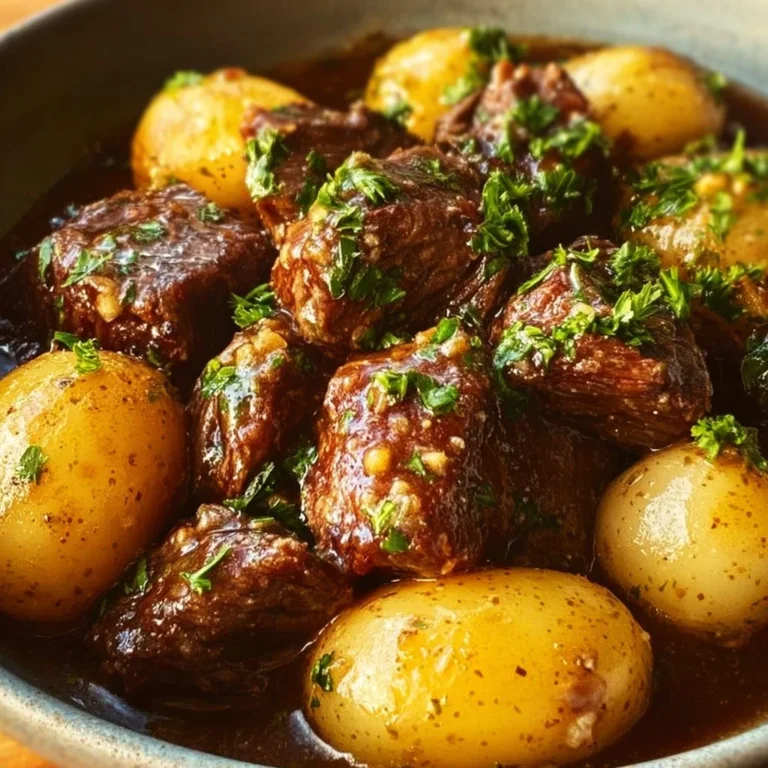 Garlic Butter Beef Bites served with crispy potatoes on a plate