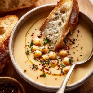 Warm bowl of Garlic Chickpea Soup with chickpeas and garlic garnish