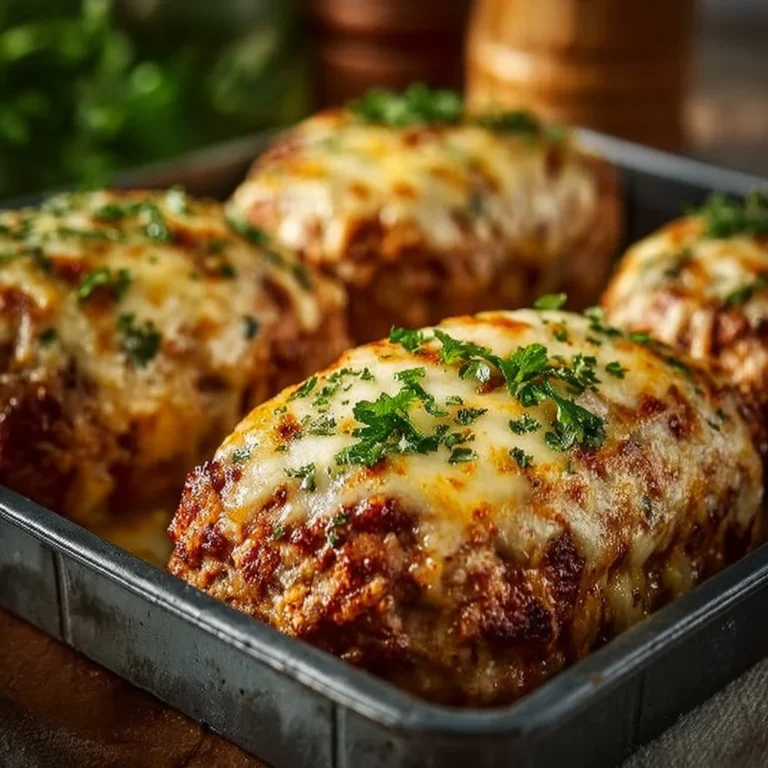 Garlic Parmesan Chicken Meatloaf topped with herbs and cheese