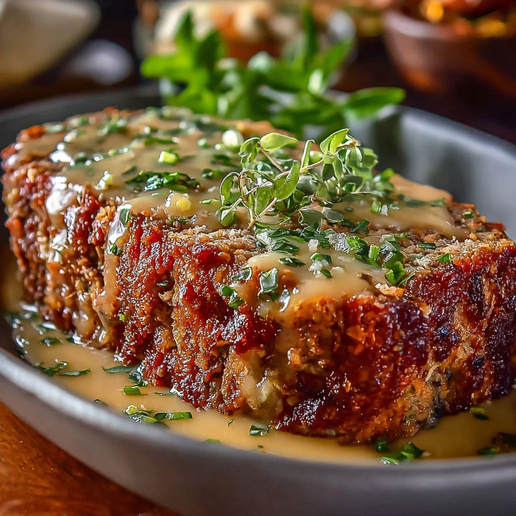 Delicious Garlic Parmesan Chicken Meatloaf served with herbs and spices.