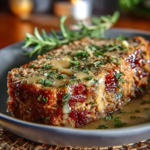 Delicious Garlic Parmesan Chicken Meatloaf served on a plate with herbs
