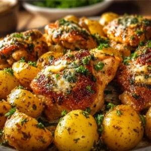 Garlic Parmesan Chicken thighs served with roasted potatoes on a plate