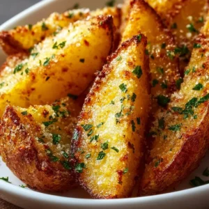 Crispy Garlic Parmesan Potato Wedges on a plate