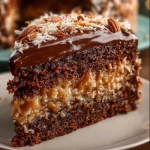 German Chocolate Cake with Coconut Pecan Frosting on a decorative plate