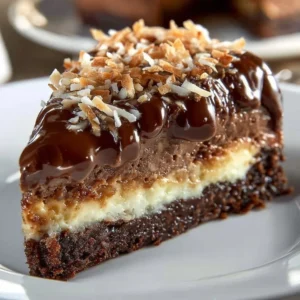 Slice of German Chocolate Cheesecake topped with coconut and pecans