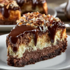 Delicious slice of German Chocolate Cheesecake with coconut pecan topping