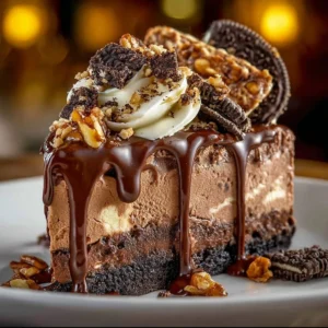 Delicious slice of German Chocolate Cheesecake with chocolate and coconut topping