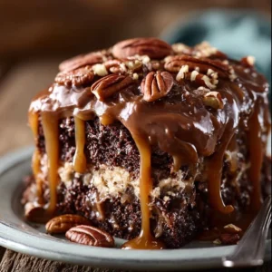 Delicious German Chocolate Poke Cake with chocolate layers and coconut frosting