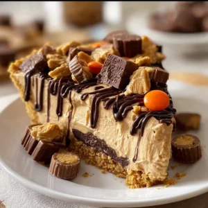 Giant Reese’s Peanut Butter Cup Pie topped with chocolate and peanut butter