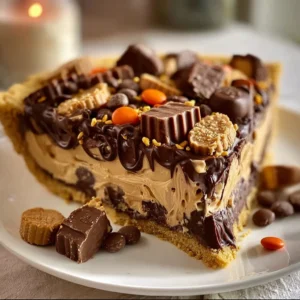 Giant Reese’s Peanut Butter Cup Pie topped with chocolate and peanut butter.