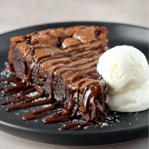 Delicious gooey brownie pie topped with chocolate and served on a plate