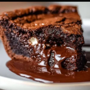 Gooey brownie pie with chocolate drizzle and whipped cream