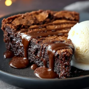Gooey brownie pie slice on a plate with chocolate drizzle