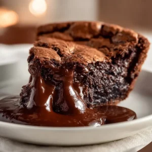 Delicious gooey brownie pie served warm with a scoop of vanilla ice cream