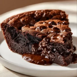 Gooey brownie pie with chocolate drizzle and a slice cut out