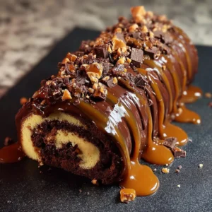 Gooey chocolate caramel turtle cake roll with rich toppings and chocolate drizzle