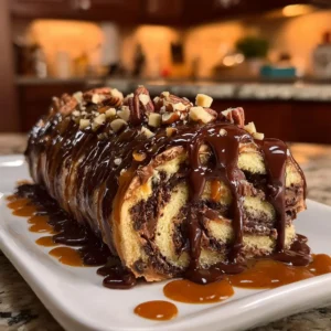 Gooey chocolate caramel turtle cake roll topped with nuts and drizzled with chocolate
