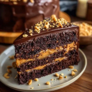 Gooey chocolate peanut butter dream cake topped with creamy frosting