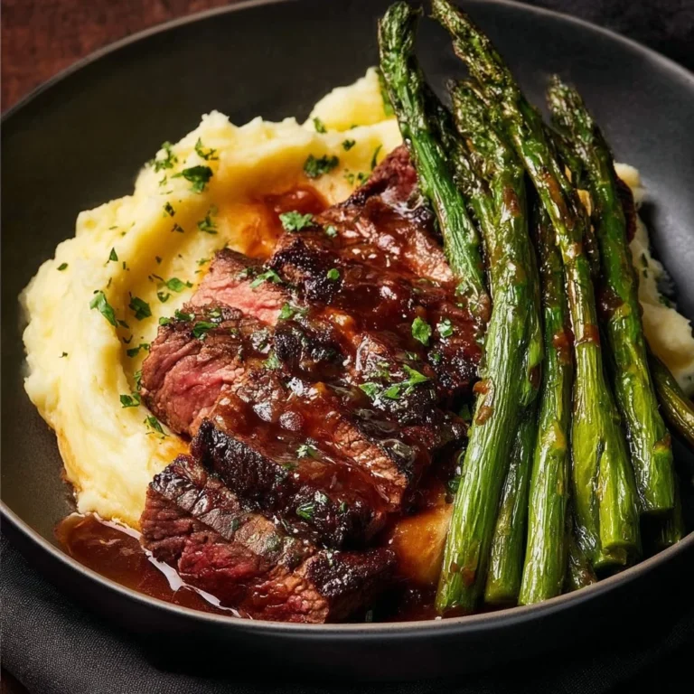 Gourmet steak served with mashed potatoes and asparagus on a plate