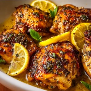 Delicious Greek Lemon Chicken dish garnished with fresh herbs and lemon slices.