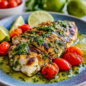 Grilled salsa verde chicken with melted pepper jack cheese on a serving plate.