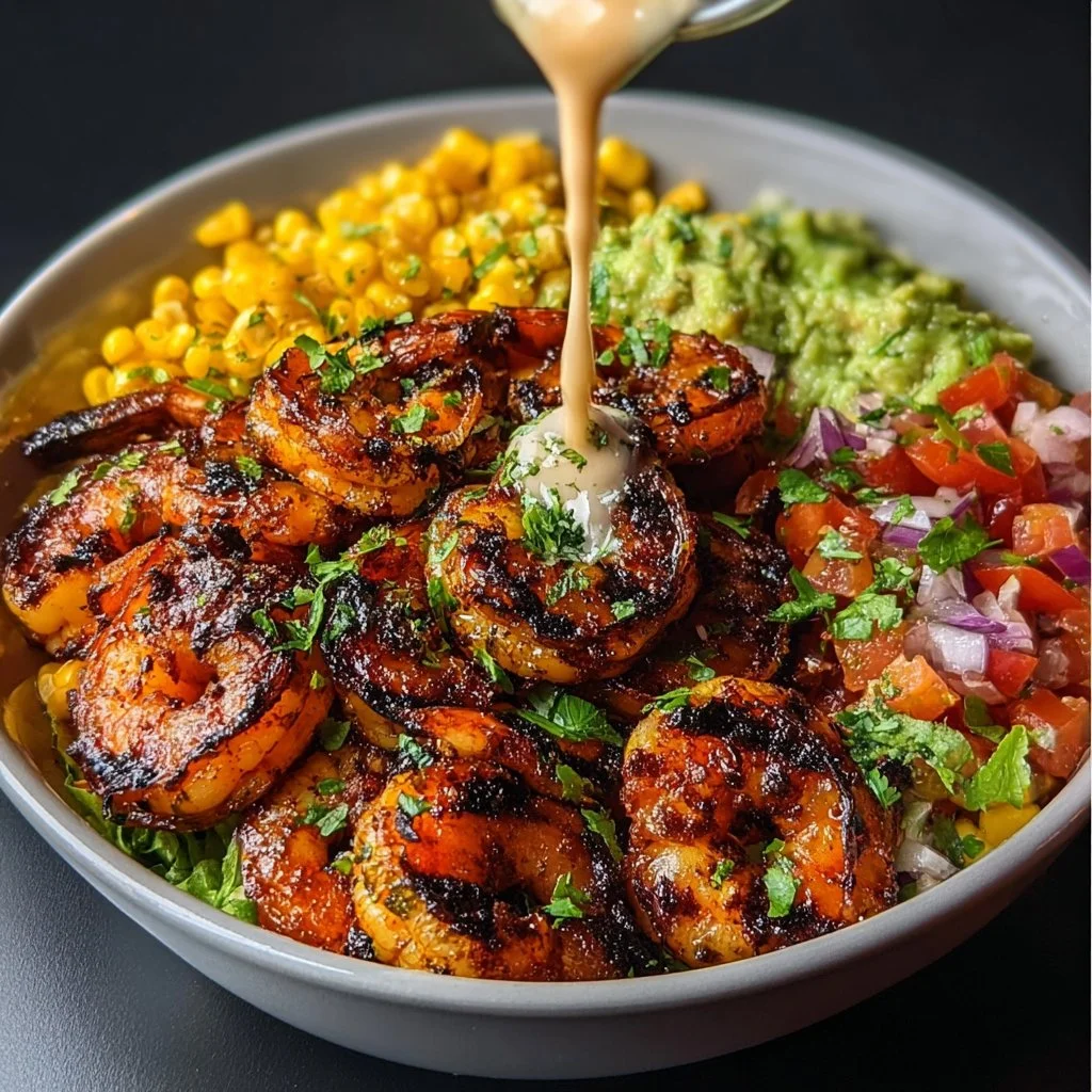 Grilled Shrimp Bowl with Avocado, Corn Salsa & Creamy Garlic Sauce