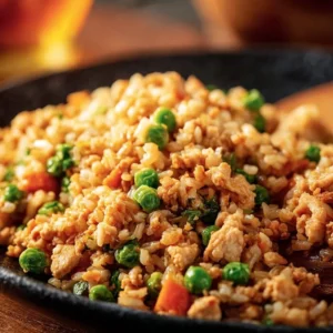 Delicious bowl of ground chicken fried rice topped with vegetables