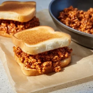 Delicious ground chicken sloppy joes served on a bun with toppings