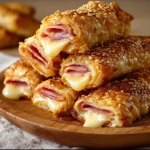 Crispy ham and cheese sticks served on a plate