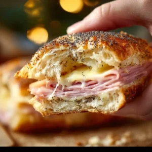 Ham and Havarti Cheese Sliders served on a platter with garnishes.