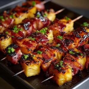 Colorful Hawaiian Chicken Kebabs with pineapple and beef on skewers