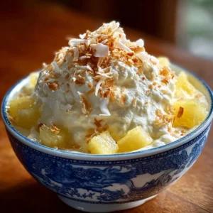 Bowl of Hawaiian Pineapple Coconut Fluff dessert with tropical fruit garnishes