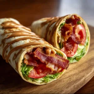 Healthy BLT wraps served with a creamy secret sauce on a plate