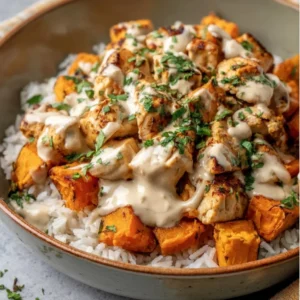 Healthy chicken and sweet potato rice bowl with fresh ingredients