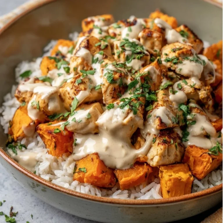 Healthy chicken and sweet potato rice bowl with fresh ingredients