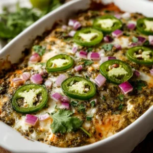 Healthy Salsa Verde Chicken Casserole topped with fresh ingredients in a baking dish