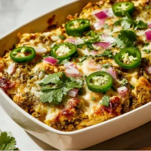 Healthy salsa verde chicken casserole baked with fresh ingredients and spices.