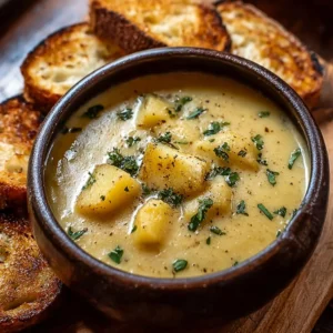 Hearty bowl of cheddar garlic herb potato soup topped with herbs