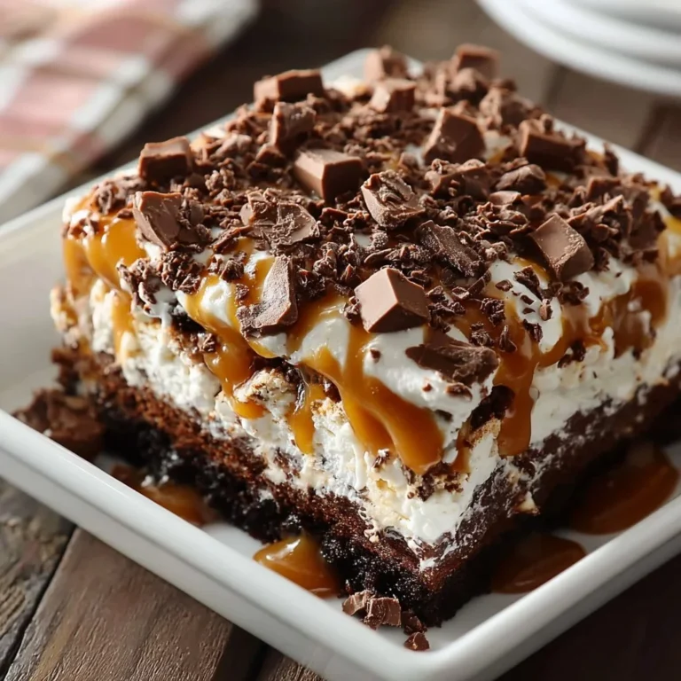 Delicious Heath Bar Poke Cake topped with chocolate and Heath candy bits