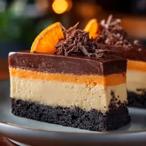 Heavenly Chocolate Orange Cheesecake topped with orange slices and chocolate drizzle