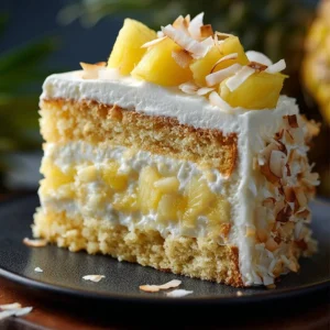 Heavenly Coconut Pineapple Velvet Cake slice with creamy frosting and pineapple toppings