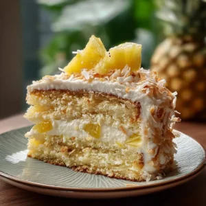 Heavenly Coconut Pineapple Velvet Cake topped with fresh coconut and pineapple slices.