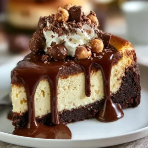 Decadent hot fudge sundae brownie cheesecake topped with chocolate sauce and ice cream.