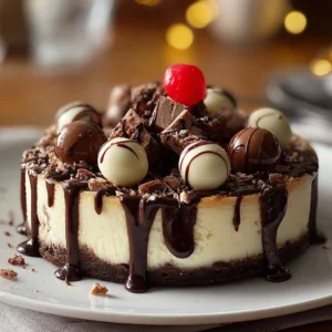 Heavenly hot fudge sundae brownie cheesecake topped with rich chocolate sauce