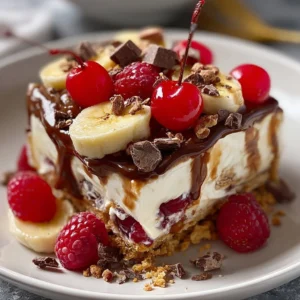 No-bake banana split cheesecake topped with whipped cream and cherries